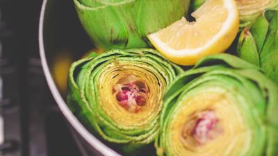 Artichokes lemon tableware vegetables 4k wallpaper