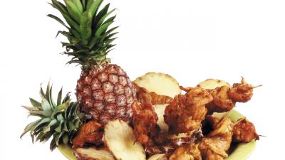 Barbecue meat pineapple plate white background 4k wallpaper