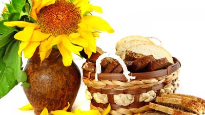 Basket bread song jar sunflowers 4k wallpaper