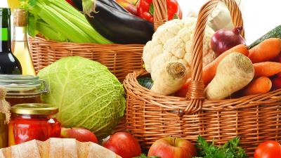 Baskets vegetables fruit bread tomatoes peppers mushrooms 4k wallpaper