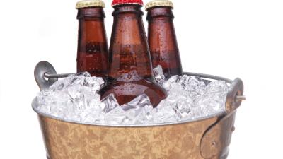 Beer ice cubes bucket white background bottle 4k wallpaper
