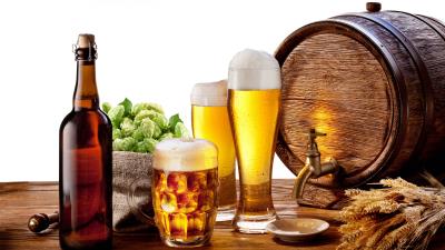Beer keg kuhol bottle foam hops barley composition white background 4k wallpaper