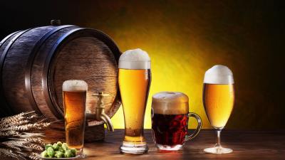 Beer keg wine glasses kuhol hops barley composition 4k wallpaper