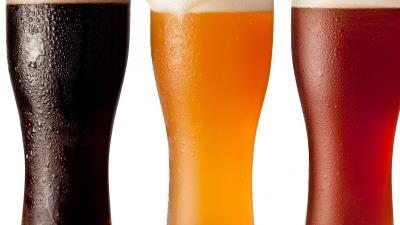 Beer variety wine glasses foam drops white background 4k wallpaper