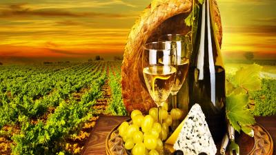 Bottle wine glasses wine cheese composition plantation grape 4k wallpaper