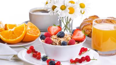 Breakfast cereal strawberries currants raspberries juice flowers coffee orange 4k wallpaper