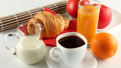 Breakfast coffee milk orange juice croissant apple cup white saucer jug 4k wallpaper