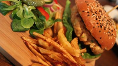 Burger fries meat pickles fast food 4k wallpaper