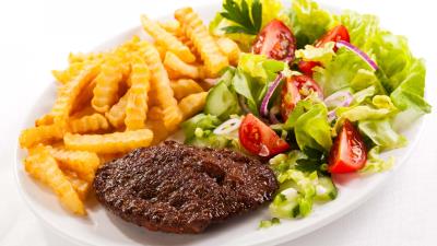 Burger fries salad plate vegetables white background 4k wallpaper