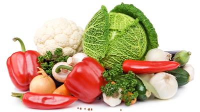 Cabbage peppers eggplant mushrooms carrots white background 4k wallpaper