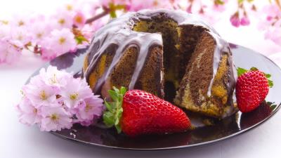 Cake cakes chocolate frosting berries strawberries plate branches bloom 4k wallpaper