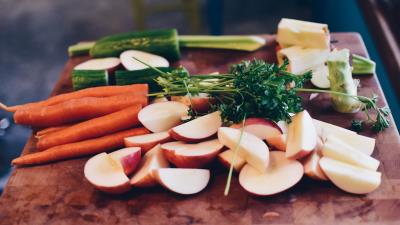 Carrots vegetables parsley cucumber broccoli apples cutting board 4k wallpaper