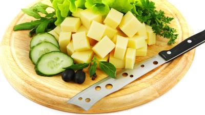 Cheese fresh herbs knife hole board white background 4k wallpaper