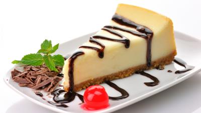 Cheesecake cake slice sweet pastry dessert chocolate frosting cherry 4k wallpaper