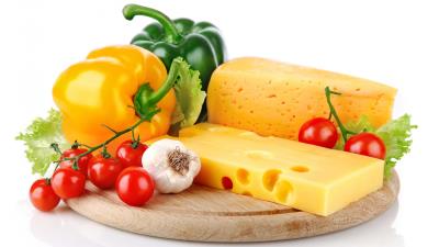 Cheeses vegetables pepper plate white background tomatoes 4k wallpaper