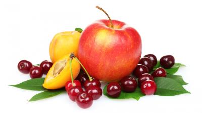 Cherry apple peach slice fruit 4k wallpaper