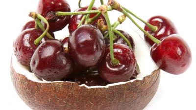 Cherry coconut drops tails white background 4k wallpaper