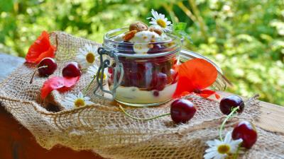 Cherry dessert cherry cream yoghurt 4k wallpaper