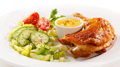 Chicken leg lettuce mustard plate 4k wallpaper