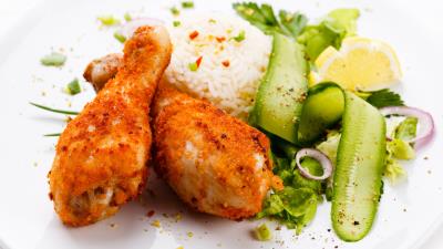 Chicken legs dishes rice vegetables plate cucumbers 4k wallpaper