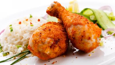 Chicken legs dishes rice vegetables plate 4k wallpaper