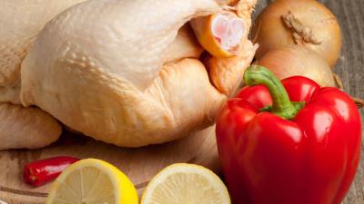 Chicken meat composition food vegetables herbs lemon pepper plate table onion garlic 4k wallpaper