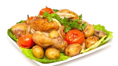 Chicken potatoes vegetables tomatoes cabbage parsley white background 4k wallpaper