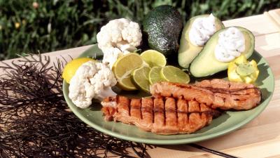 Chop meat vegetables herbs plate table 4k wallpaper