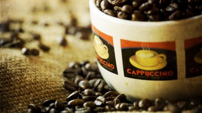 Coffee cup cappuccino grains bag 4k wallpaper