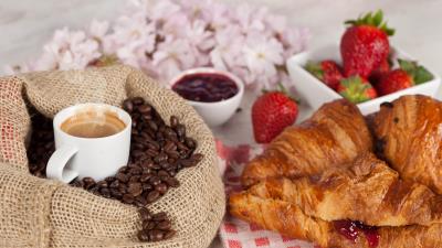 Coffee grain bag strawberries bagels pastries cup composition 4k wallpaper