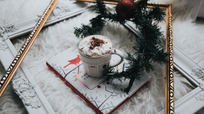 Coffee latte chocolate notebook christmas 4k wallpaper