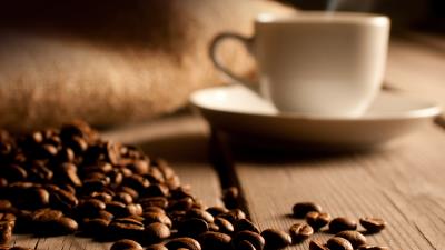 Cup coffee grains plates floor 4k wallpaper