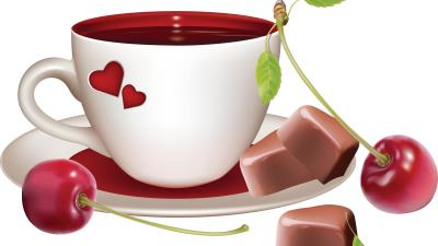 Cup drink cherry graphic white background candy hearts 4k wallpaper