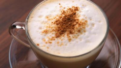 Cup glass saucer coffee cappuccino cinnamon powder 4k wallpaper