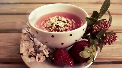 Cup tea flowers strawberry cherry 4k wallpaper