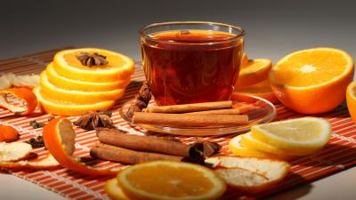 Cup tea glass oranges cinnamon peel vanill 4k wallpaper