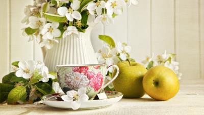 Cup tea jasmine flowers jug apples green 4k wallpaper