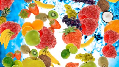 Cuts raspberry strawberry banana lime coconut kiwi oranges grapes pineapple apple fruit berries 4k wallpaper