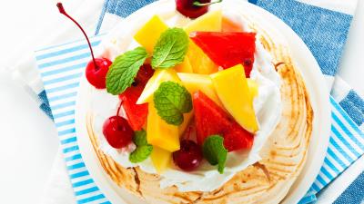 Desserts cakes slices fruit plate white background 4k wallpaper