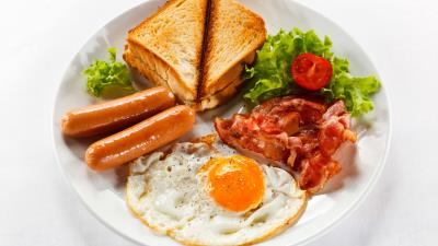 Dish breakfast fried eggs sausages meat greens white bread 4k wallpaper