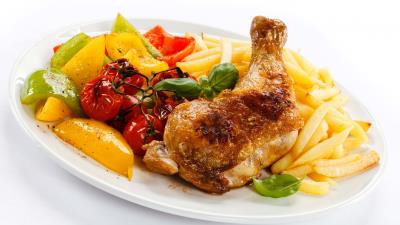 Dish chicken salad potatoes white background 4k wallpaper