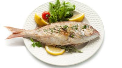 Fish dish herbs lemon white background 4k wallpaper