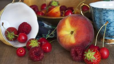 Fruit peaches strawberries cherries 4k wallpaper