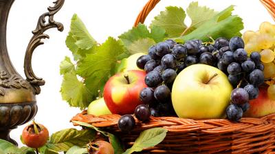Grapes apples fruit tea basket 4k wallpaper