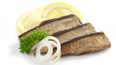 Herring fish onion lemon parsley white background 4k wallpaper