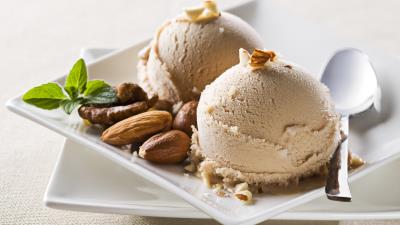 Ice cream nuts spoon mint plate square 4k wallpaper