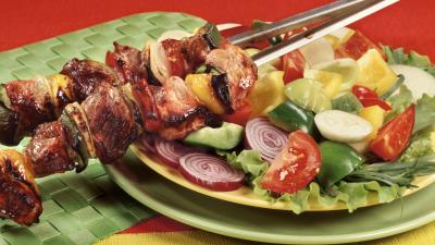 Kebabs meat dish salad greens table 4k wallpaper