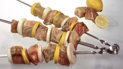Kebabs meat skewers lemon onion 4k wallpaper