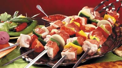 Kebabs meat skewers plate greens table 4k wallpaper
