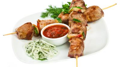 Kebabs meat skewers white plate spices herbs 4k wallpaper